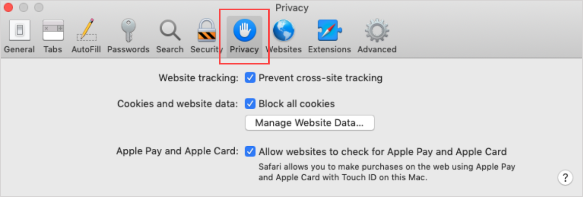 The "Privacy" tab is the seventh tab of the Safari browser options.